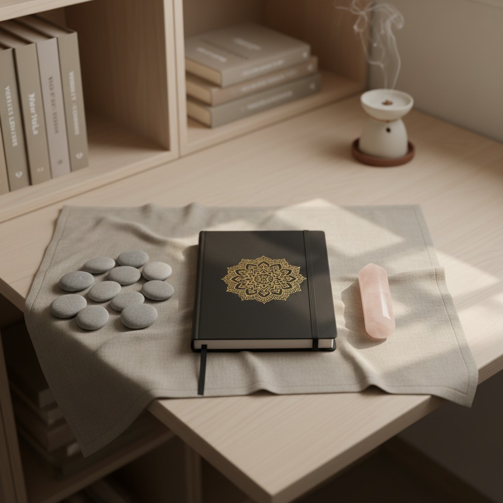 A serene workspace with a journal, aromatherapy, and a warm, natural color scheme.